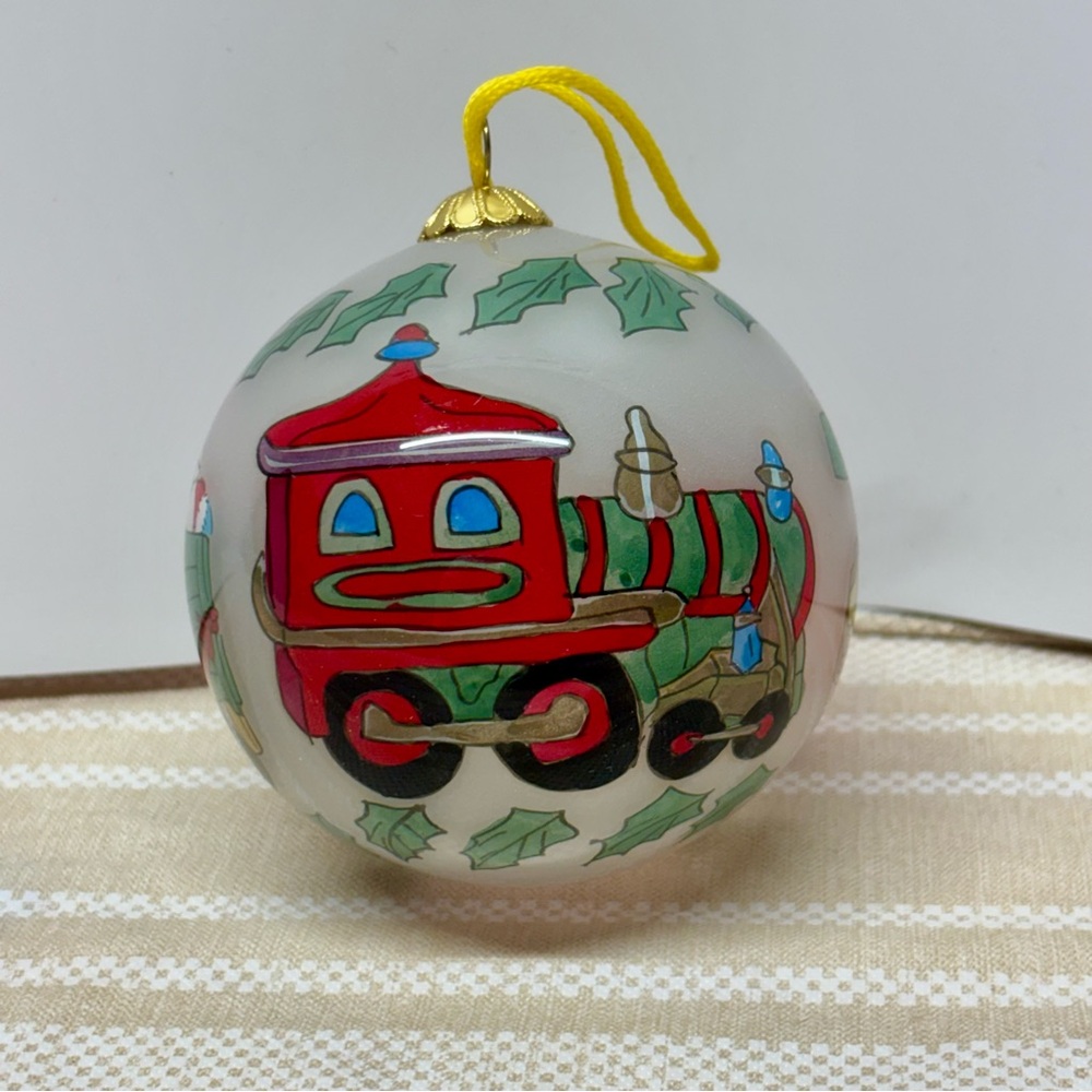 Santa Train Ornament Reverse Hand painted Glass Ball 3" with box